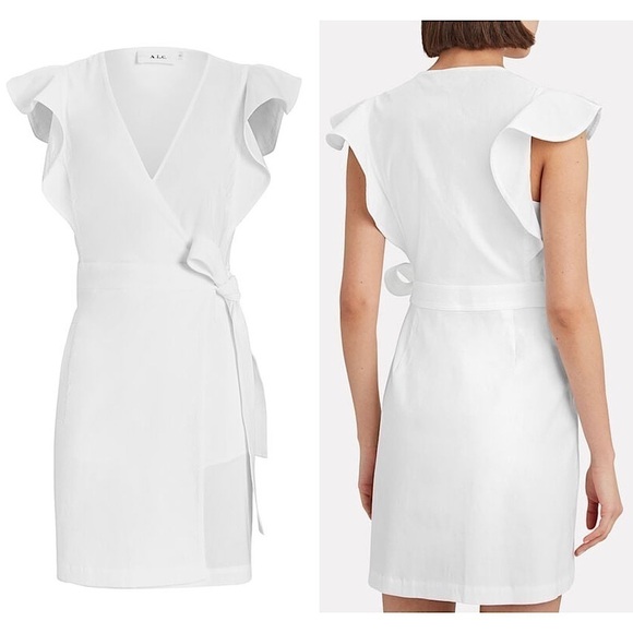 ALC Linen Blend Ruffled Flutter Short Sleeve Tie Waist V-Neck Mini Wrap Dress 10 - Picture 15 of 16